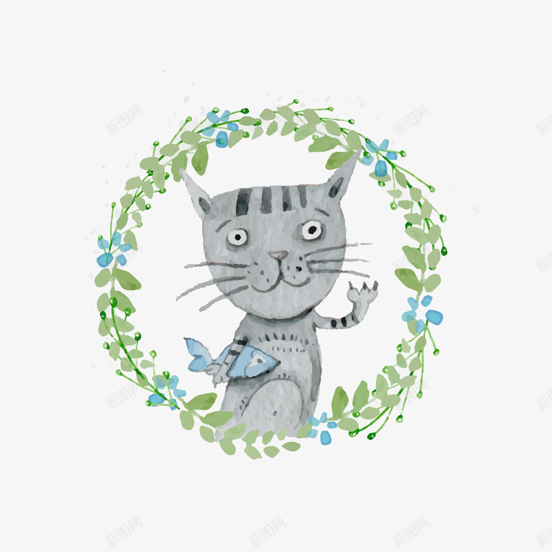 手绘卡通可爱小猫png免抠素材_新图网 https://ixintu.com 动物 可爱小猫吃鱼 插画 绿叶 绿叶花环 装饰
