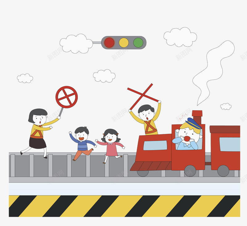 公路交通png免抠素材_新图网 https://ixintu.com 乘务员 交通 交通协警 公路 手绘 标志 火车 白云 红绿灯