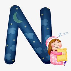字母N前睡着的小女孩素材