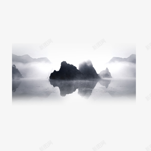 水山云层间psd免抠素材_新图网 https://ixintu.com 云层 云朵 倒影 水面 画墨风 高山