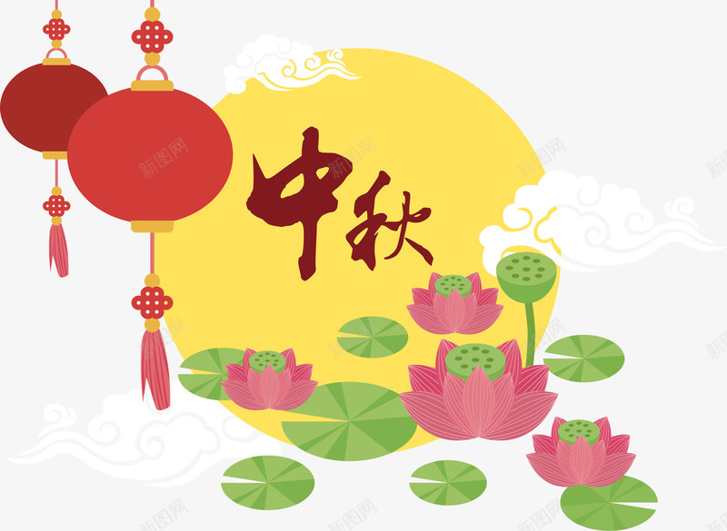中秋节传统中国插画png免抠素材_新图网 https://ixintu.com 中国传统 中国红灯笼 云朵 传统中秋 古典云纹 月亮 灯笼 荷叶 荷花