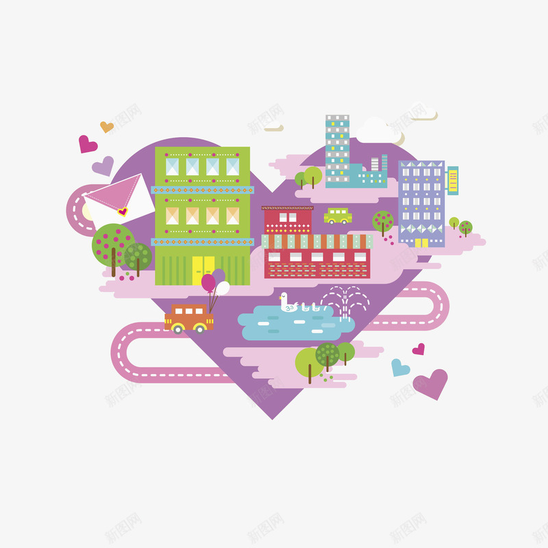 卡通爱心城市缩略图图png免抠素材_新图网 https://ixintu.com 信封 卡通 场景 插图 楼房 爱心 紫色的 马路