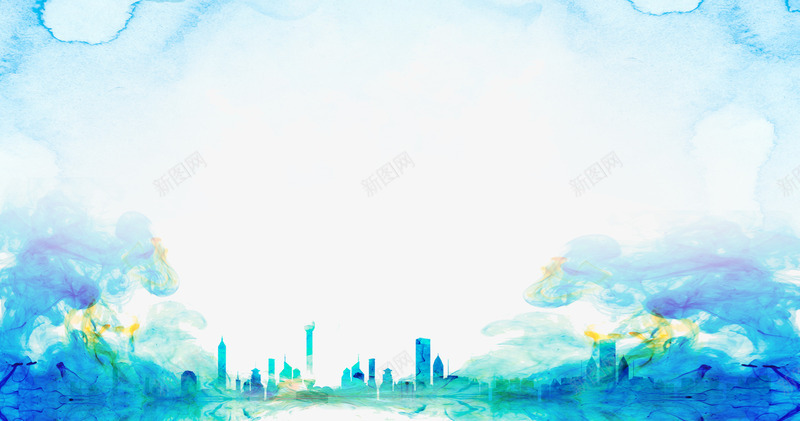 蓝色晕染城市剪影背景png免抠素材_新图网 https://ixintu.com 城市剪影 晕染背景 蓝色城市剪影背景 蓝色晕染背景