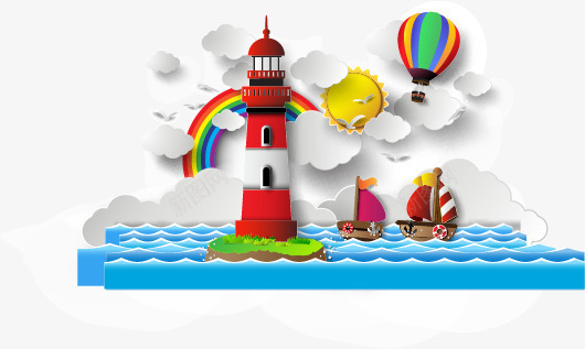 帆船png免抠素材_新图网 https://ixintu.com 大海 帆船 彩虹 插画 灯塔 白云 船只 船舵 船锚 蓝色