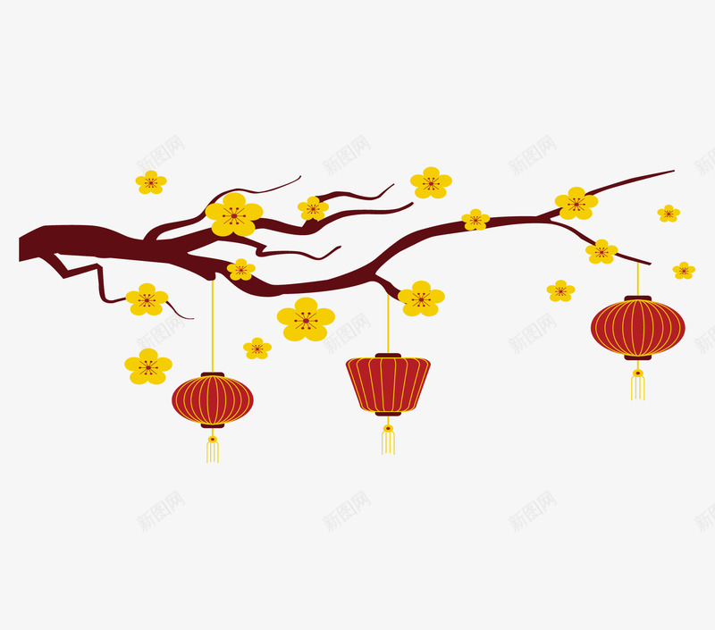 新年节日挂着灯笼的树枝png免抠素材_新图网 https://ixintu.com 中国风 树枝 梅花 红色灯笼 节日装饰 黄色