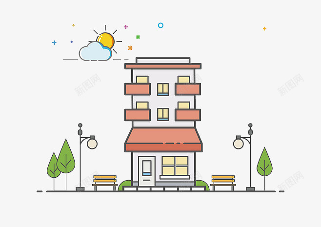 商业楼png免抠素材_新图网 https://ixintu.com 卡通商铺 座椅 建筑 插画 树 白云 路灯
