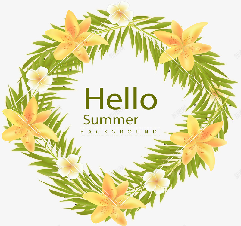 创意你好夏季花环矢量图ai免抠素材_新图网 https://ixintu.com 你好 创意设计 夏季 棕榈树叶 百合花 花环 鸡蛋花 矢量图