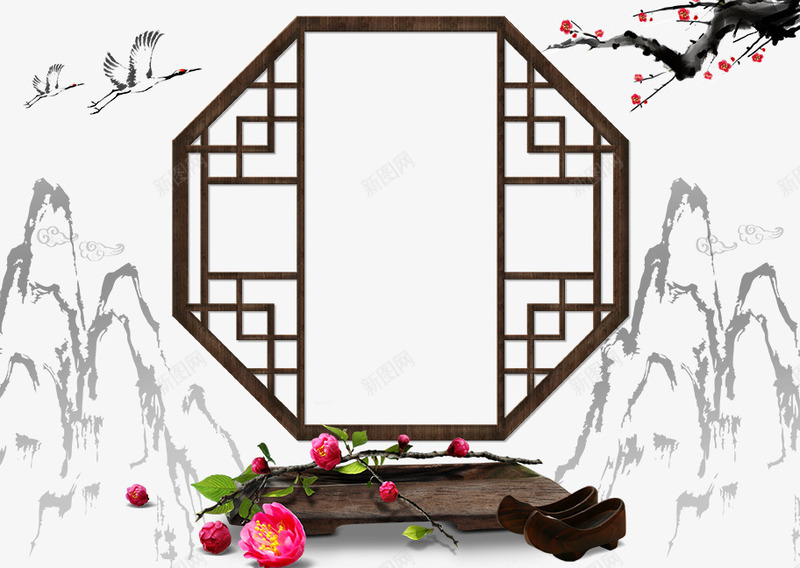 木质窗户psd免抠素材_新图网 https://ixintu.com 木板 水墨 水墨画 窗户 花卉 花朵
