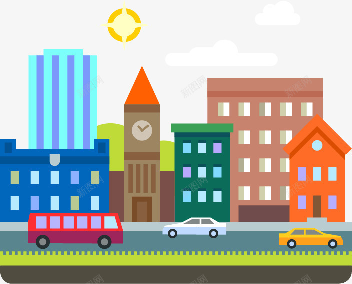 扁平化城市景色矢量图ai免抠素材_新图网 https://ixintu.com 扁平化城市景色矢量图城市太阳马路汽车 矢量图