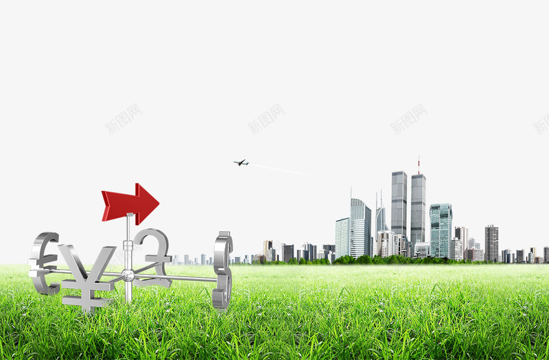 科技商务png免抠素材_新图网 https://ixintu.com 商务 大楼 建筑 方向标 楼房 科技 绿地 蓝天白云 飞机