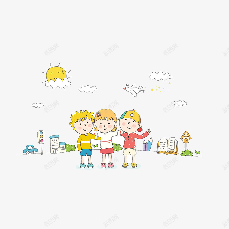 清晨的阳光png免抠素材_新图网 https://ixintu.com 儿童 太阳 孩子 小树 白云 阳光