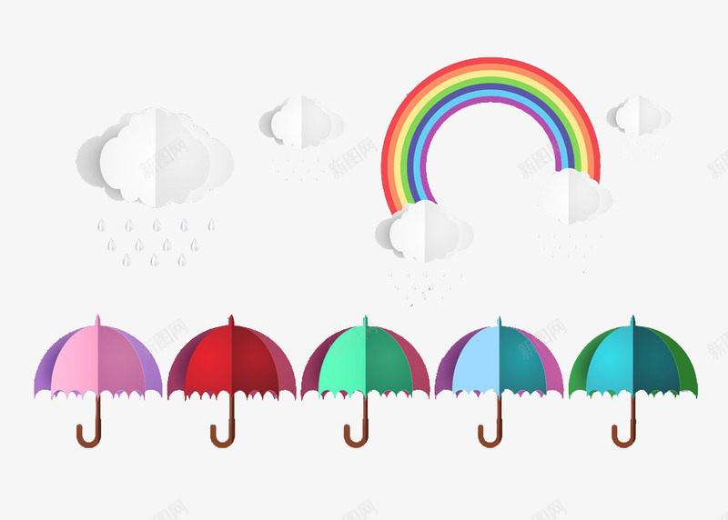 彩虹雨云png免抠素材_新图网 https://ixintu.com 下雨天 云层 云朵 彩色雨伞 彩虹 扁平化 扁平化图案 美丽彩虹 雨云 雨伞