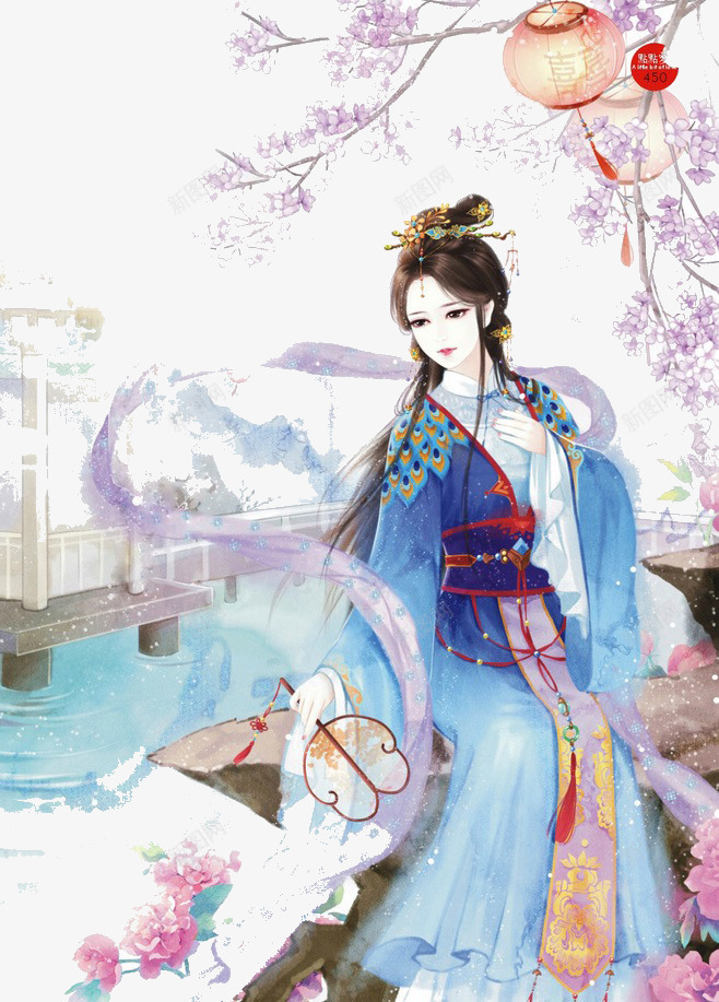 青衣美女png免抠素材_新图网 https://ixintu.com 古装 彩绘 美女 蓝色 青衣