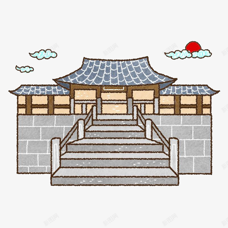手绘寺庙png免抠素材_新图网 https://ixintu.com 云朵 太阳 寺庙 建筑