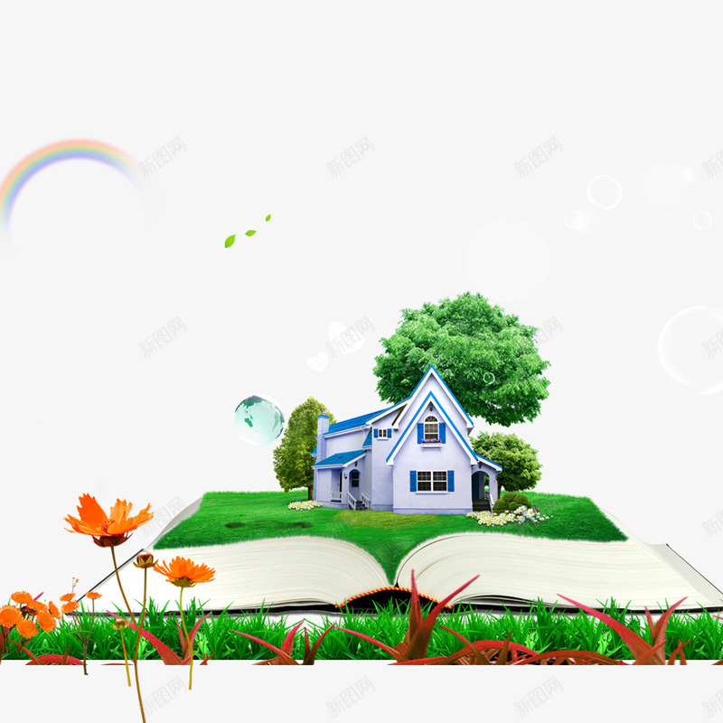 创意静谧生活psd免抠素材_新图网 https://ixintu.com 别墅 型书本 彩虹 快乐儿童 树木 蓝天白云 透明泡泡 野花 野草