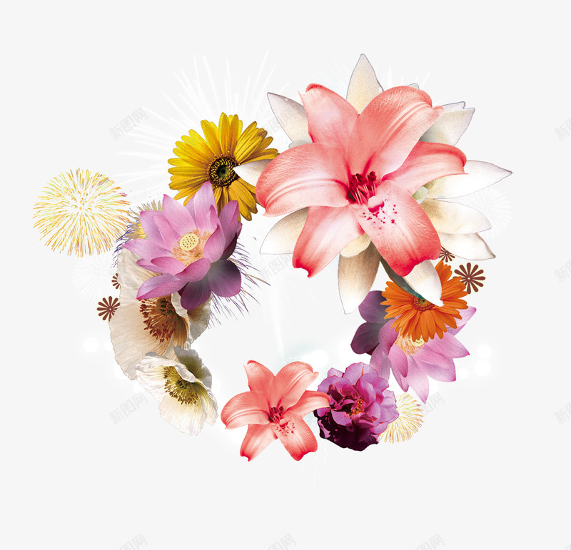 实物花环花朵烟花psd免抠素材_新图网 https://ixintu.com 品质 唯美 实物 开创 漂亮 烟花 百合 艺术 花朵 花环