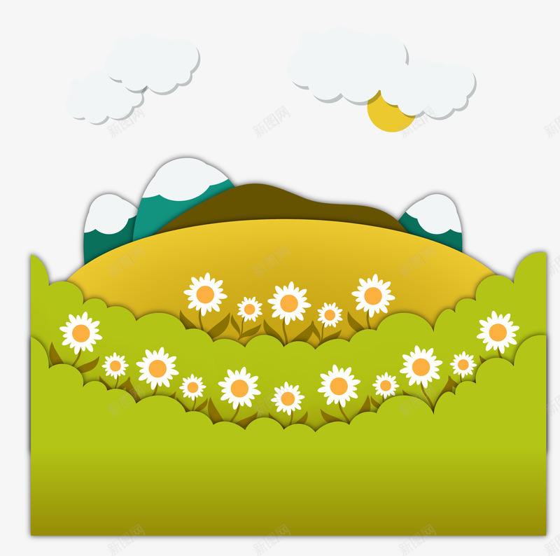 卡通绿色风景矢量图ai免抠素材_新图网 https://ixintu.com 卡通风景 白云 花朵 草地 矢量图
