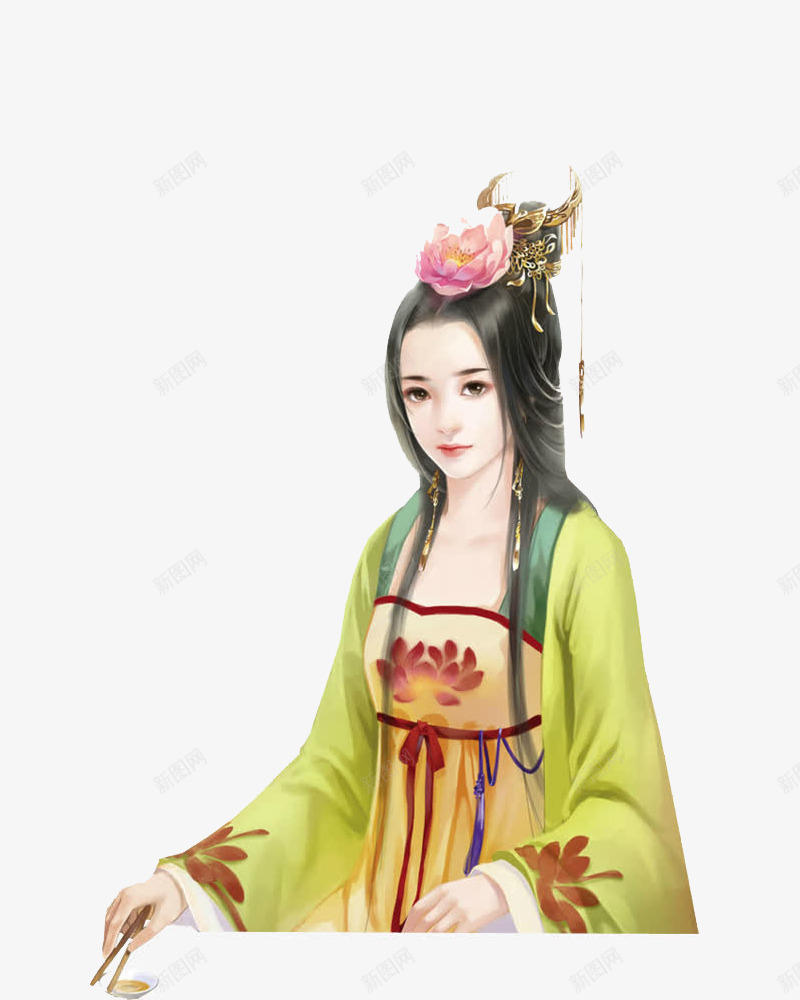 绿衣簪花美女png免抠素材_新图网 https://ixintu.com 中国风 古代 古典 古装 女 手绘 插画 美女