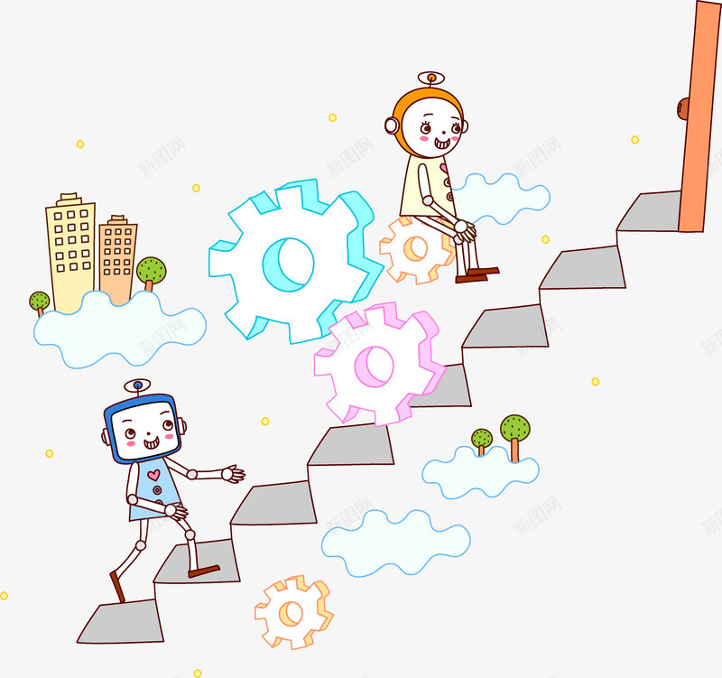 坐锯齿上楼的机器人png免抠素材_新图网 https://ixintu.com 卡通 大楼 开心 手绘 机器人 楼梯 白云 锯齿
