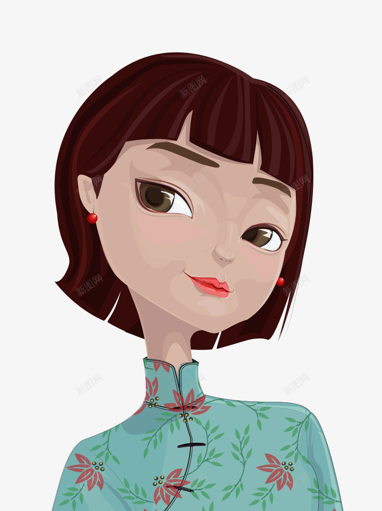 穿旗袍的短发女孩png免抠素材_新图网 https://ixintu.com 人物插图 可爱 女孩 短发 穿旗袍 穿旗袍的女人 蓝色花卉旗袍