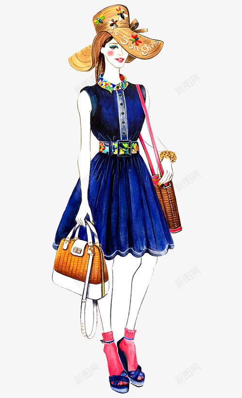 手绘淑女png免抠素材_新图网 https://ixintu.com 人物 欧美风 美女 蓝色 长裙