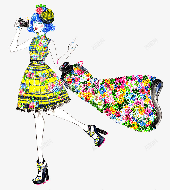 手绘花裙女png免抠素材_新图网 https://ixintu.com 人物 性感 时尚 模特 欧美风 现代 美女