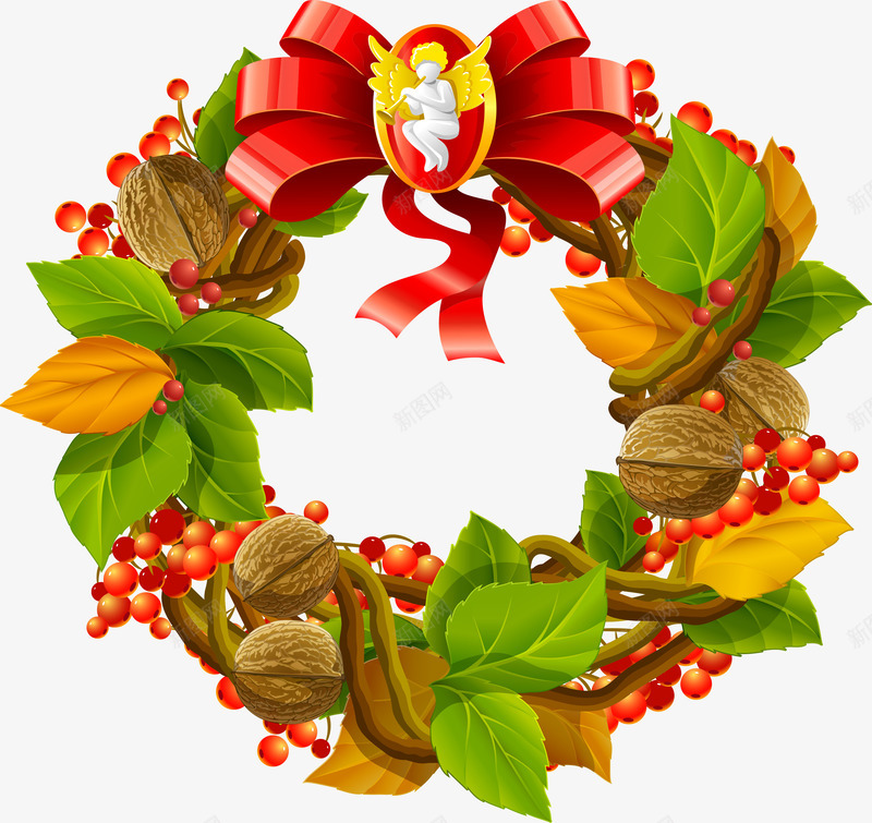 圣诞节花环矢量图ai免抠素材_新图网 https://ixintu.com 圣诞节素材 天使徽章素材 彩带素材 树叶图片 核桃图片 藤蔓素材 矢量图