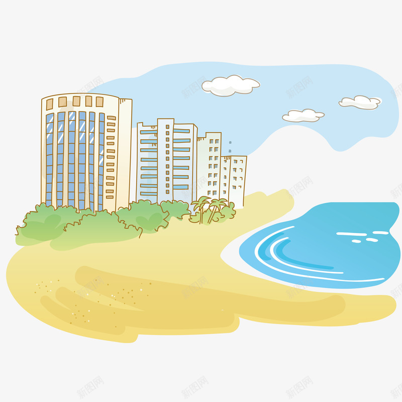 卡通海岛游png免抠素材_新图网 https://ixintu.com 卡通 手绘 沙滩 海岛小船 海岛游 白云 蓝天