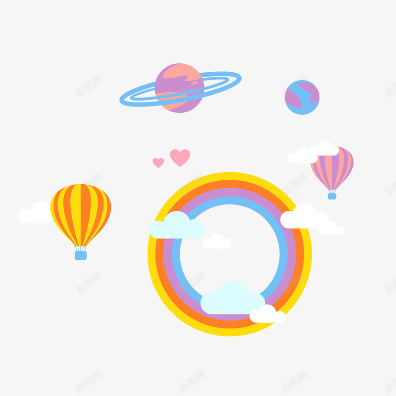 彩色热气球星球png免抠素材_新图网 https://ixintu.com 卡通云朵 卡通星球 彩色圆形 热气球 背景装饰