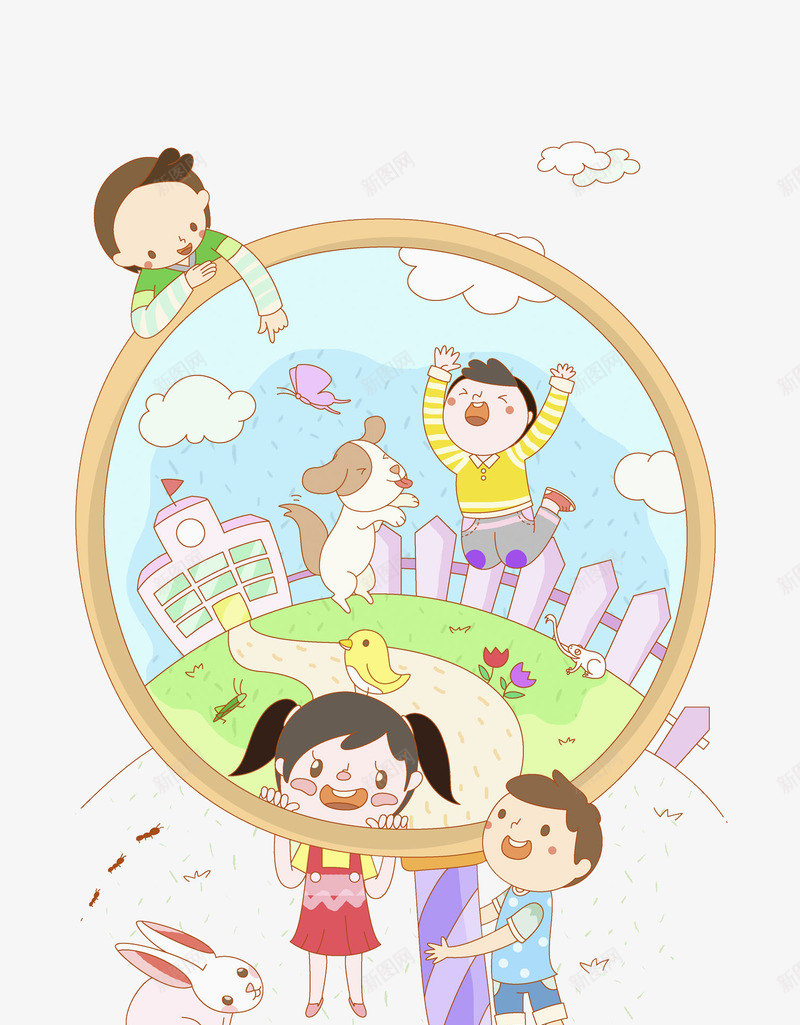 放大镜与小朋友png免抠素材_新图网 https://ixintu.com 云朵 学校 小朋友 小鸟 放大镜 栏杆 狗狗 白云 花朵 蝴蝶