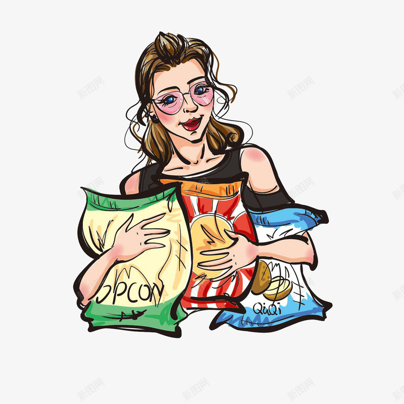 手绘美女抱着零食袋png免抠素材_新图网 https://ixintu.com 吃薯片 手绘 插画 眼镜美女 美女 薯片袋 零食