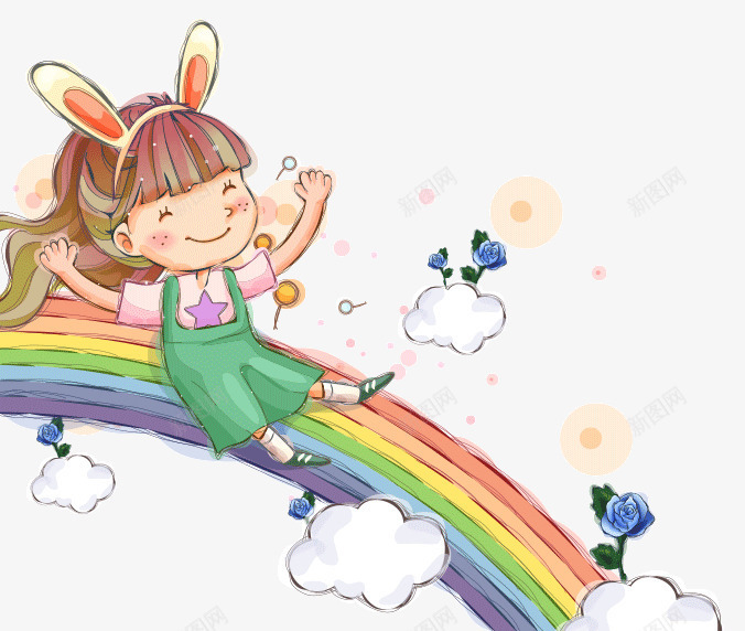 可爱卡通彩虹上的小女孩png免抠素材_新图网 https://ixintu.com 云彩 卡通 可爱 可爱女孩 彩虹 彩虹上的女孩 白云