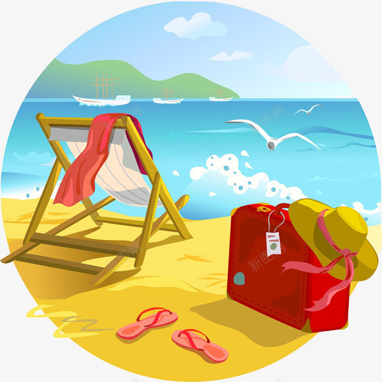 海边度假png免抠素材_新图网 https://ixintu.com 人字拖 帽子 度假 旅游 旅游底纹 沙滩 海鸥 白云 蓝天 躺椅