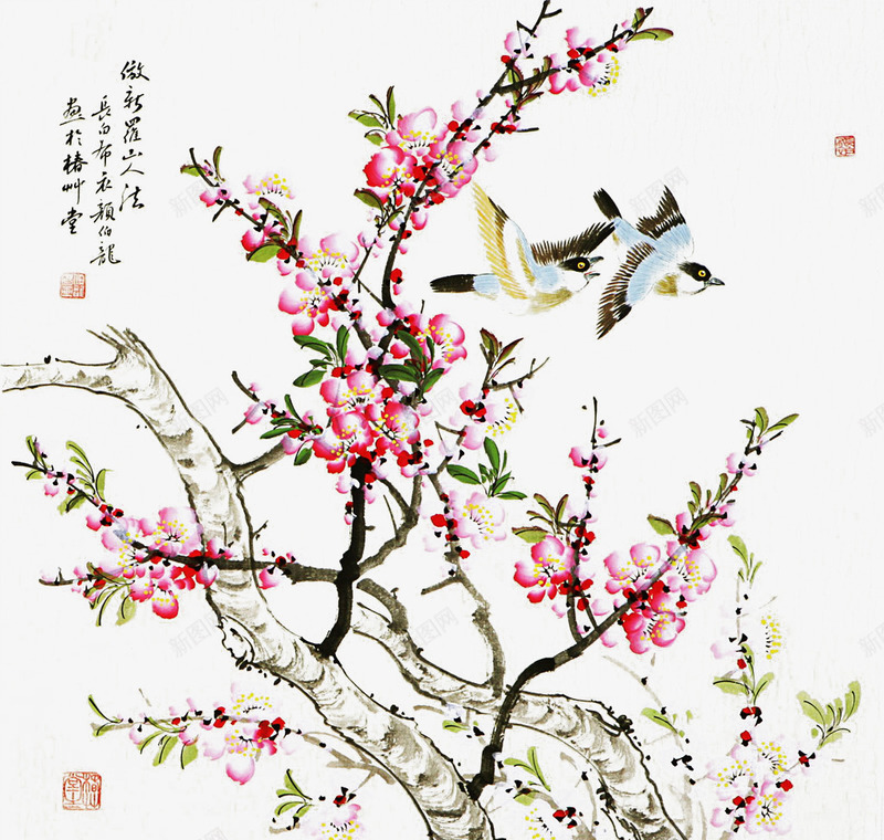 国画桃花png免抠素材_新图网 https://ixintu.com 作品 国画 桃花 植物 水墨 盛开 绘画书法 花卉 鸟