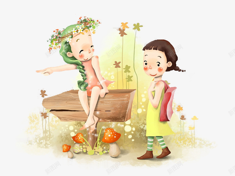 问路指路的两个女孩png免抠素材_新图网 https://ixintu.com 卡通 小女孩 木桩 花环 蘑菇