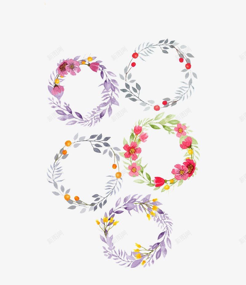 五个手绘装饰花环psd免抠素材_新图网 https://ixintu.com 免抠 多个 手绘 花环 装饰