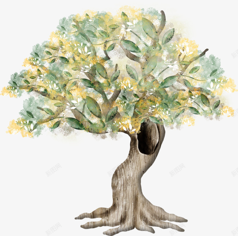 手绘老树png免抠素材_新图网 https://ixintu.com 手绘 树枝 树洞 植物 绿叶 老树