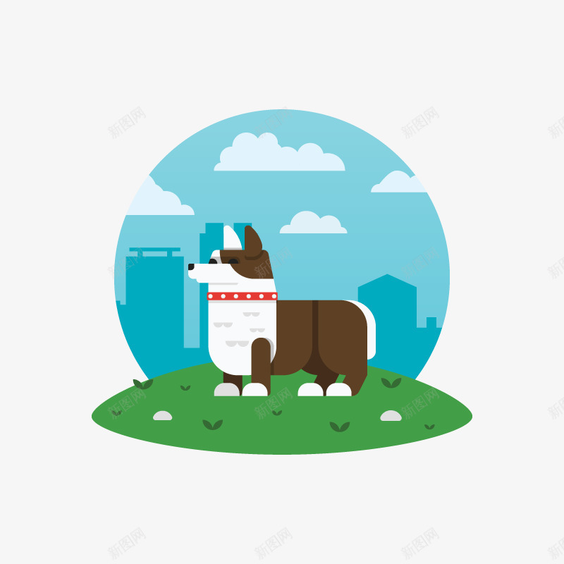 柯基犬png免抠素材_新图网 https://ixintu.com 可爱短腿柯基犬 草地 蓝天白云
