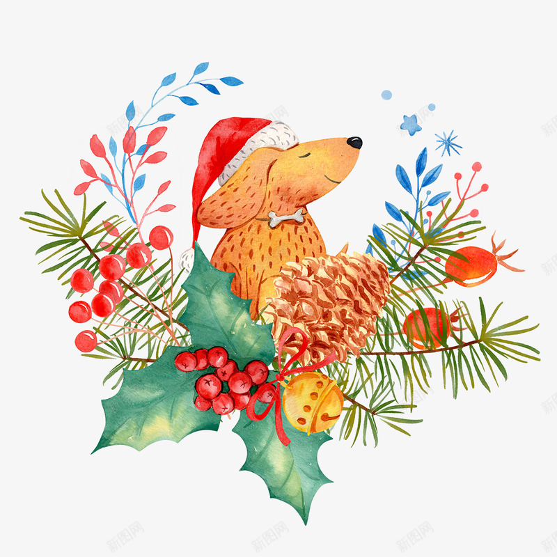 新春花环可爱狗狗手绘装饰png免抠素材_新图网 https://ixintu.com 可爱 图案 手绘 新年 松果 狗年 狗狗 绿叶 花环 装饰 铃铛 骨头
