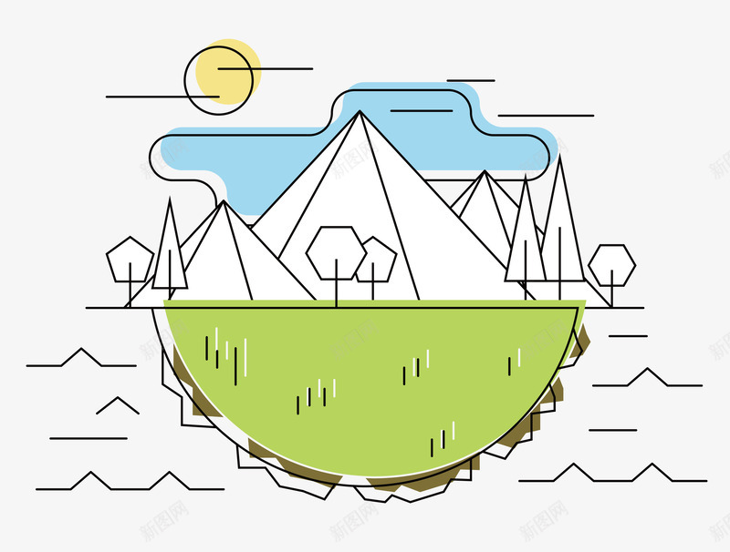 简约扁平卡通山林景色png免抠素材_新图网 https://ixintu.com 卡通山景 太阳 山景 山林 山林景观 森林 植物 白云 简约 简约卡通 简约山景 群山 自然 蓝天