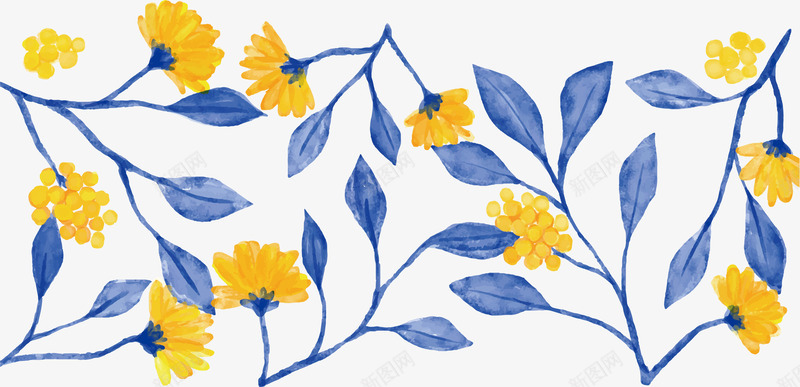 蓝色水彩植物花纹矢量图eps免抠素材_新图网 https://ixintu.com 手绘花纹 植物花纹 水彩植物 矢量png 蓝色树枝 黄色花朵 矢量图