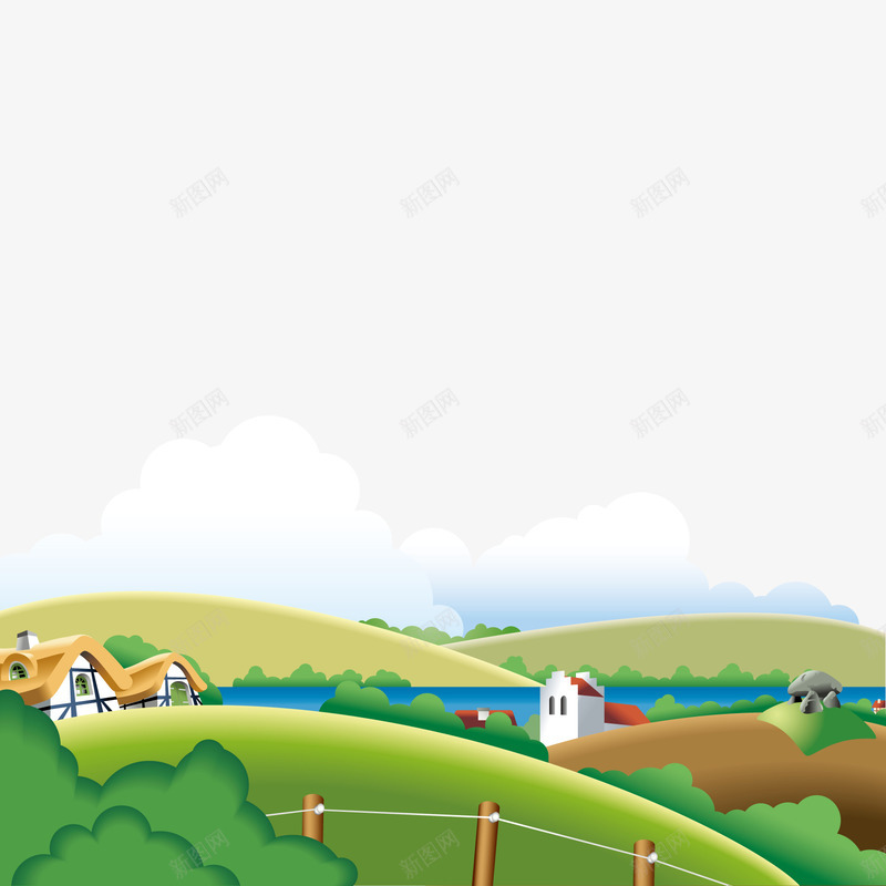 白云绿草地风景矢量图ai免抠素材_新图网 https://ixintu.com 卡通 山丘 建筑 房子 矢量图 美丽山丘 风景