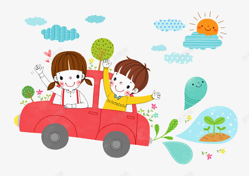 郊游场景png免抠素材_新图网 https://ixintu.com 卡通人物 可爱 手绘 树木 白云 红色小汽车 绿叶 雨水