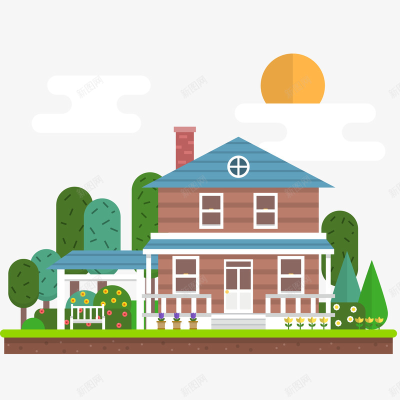2层楼私家住宅png免抠素材_新图网 https://ixintu.com 云朵 住宅 太阳 家 树木 椅子 楼房 花园 花草