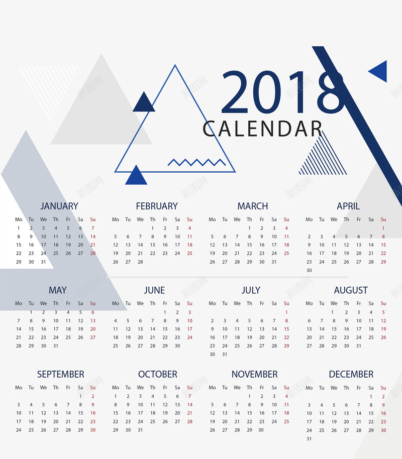 蓝色三角2018日历矢量图ai免抠素材_新图网 https://ixintu.com 2018日历 三角日历 日历 矢量png 蓝色三角 矢量图