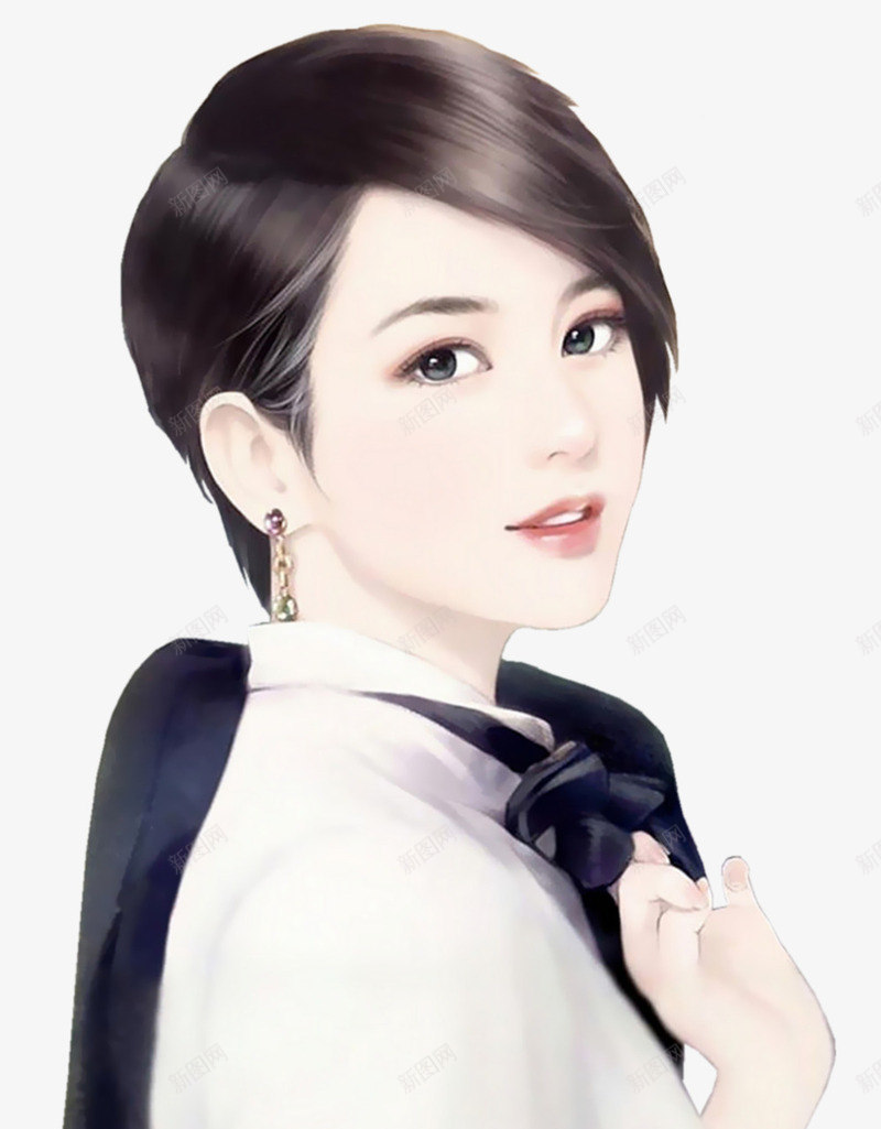 手绘短发领结美女png免抠素材_新图网 https://ixintu.com 手绘 短发 美女 领结