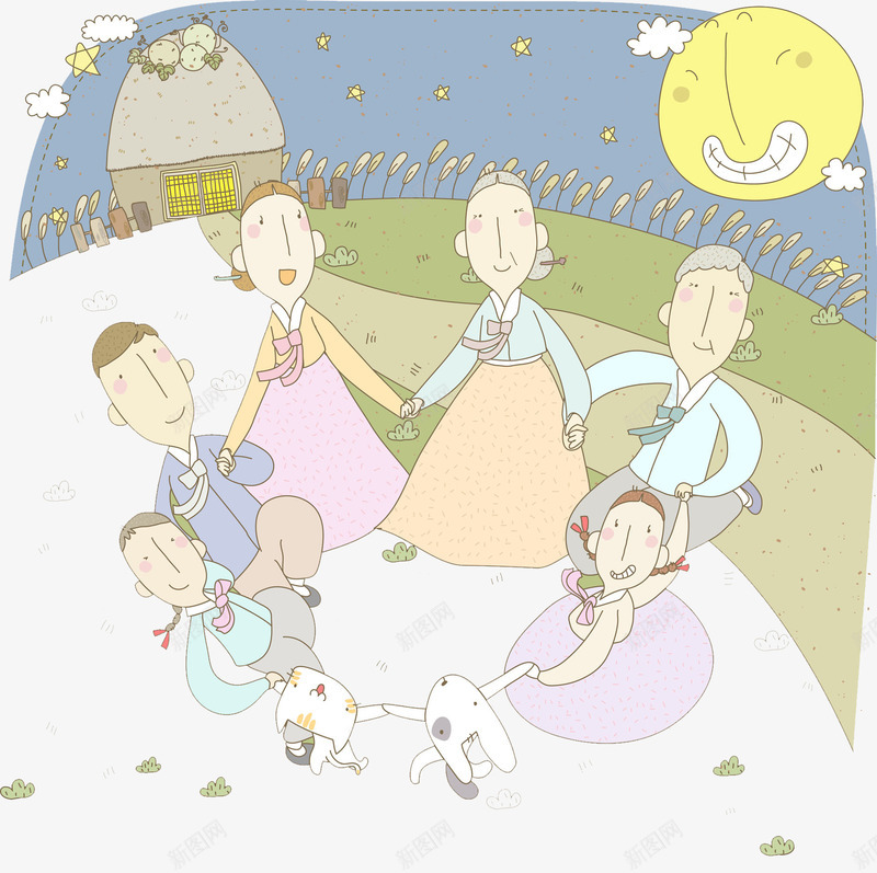 朝鲜族聚餐png免抠素材_新图网 https://ixintu.com 云朵 围坐 夜晚 小狗 房屋 手绘 星星 朝鲜族 聚餐 韩服