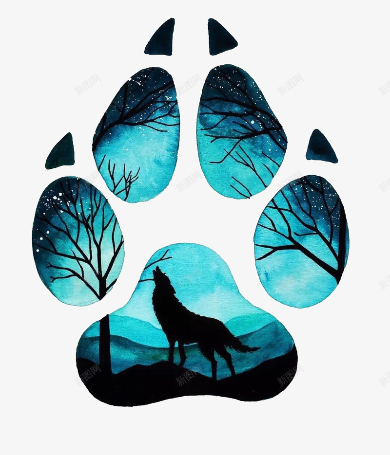 创意脚印拼图psd免抠素材_新图网 https://ixintu.com 树枝 狼 狼脚印设计 脚印 蓝色