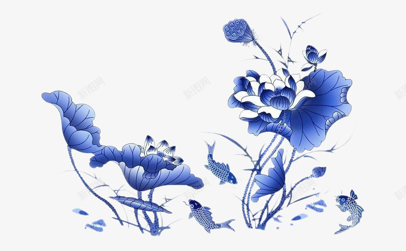 蓝色花卉荷花小鱼png免抠素材_新图网 https://ixintu.com png png图片 小鱼 花卉 荷叶 荷花 蓝色