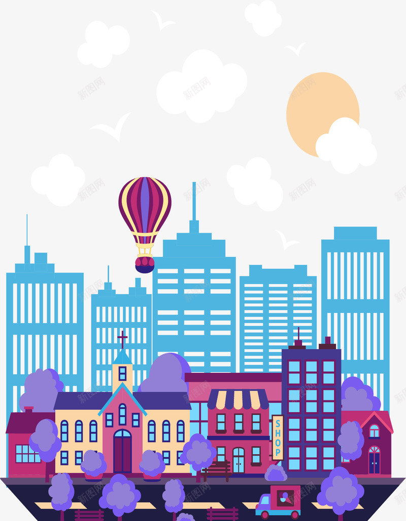 空中小岛上的街景矢量图eps免抠素材_新图网 https://ixintu.com 城市化 城市街景 旅游纪念 矢量素材 空中城市 矢量图